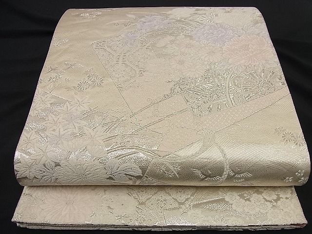平和屋着物■両面六通柄袋帯 唐織 色紙華草文 銀糸 逸品 n-nr0107