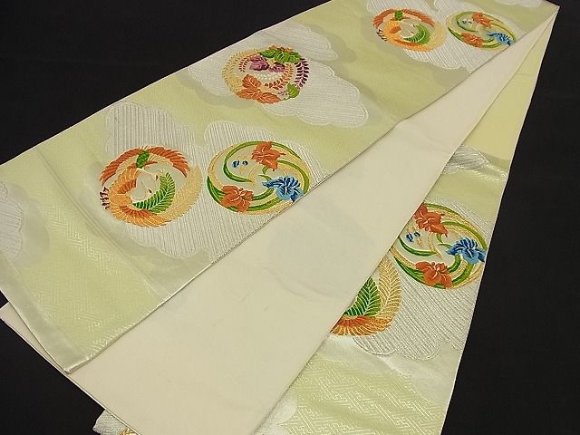 平和屋着物■六通柄袋帯 唐織 向かい鶴草花丸文 金銀糸 逸品 n-nr0112