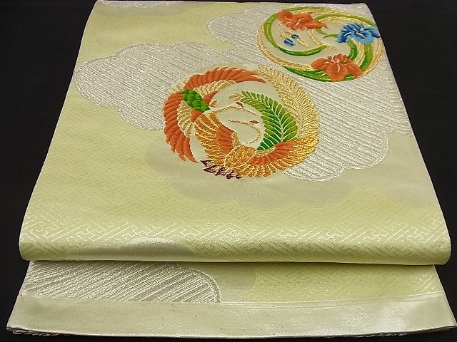 平和屋着物■六通柄袋帯 唐織 向かい鶴草花丸文 金銀糸 逸品 n-nr0112