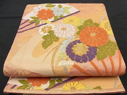 平和屋着物■六通柄袋帯 唐織 扇面草花文 金銀糸 逸品 n-nr0122