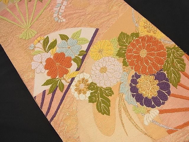 平和屋着物■六通柄袋帯 唐織 扇面草花文 金銀糸 逸品 n-nr0122