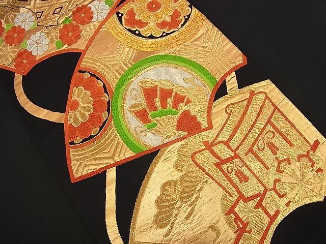 平和屋着物■六通柄袋帯 唐織 地紙御所車花蝶文 黒地 金糸 逸品 n-nr0144