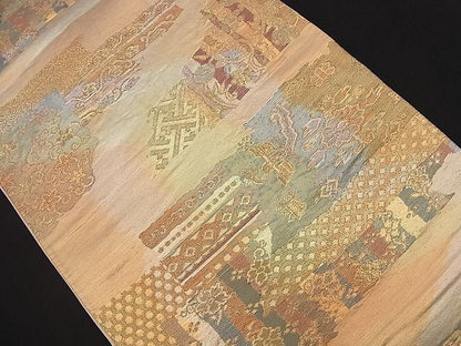 平和屋着物■両面六通柄袋帯 霞吉祥花鳥文 金銀糸 裏面：作家物 逸品 n-nr0148