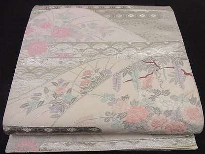平和屋着物■六通柄袋帯 唐織 エ霞吉祥重山花文 銀糸 逸品 n-nr0177