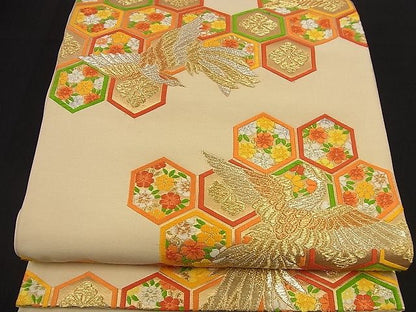 平和屋着物■六通柄袋帯 唐織 鳳凰亀甲花文 金銀糸 逸品 n-nr0182