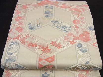平和屋着物■六通柄袋帯 唐織 亀甲重ね吉祥花鳥文 金糸 逸品 n-nr0184