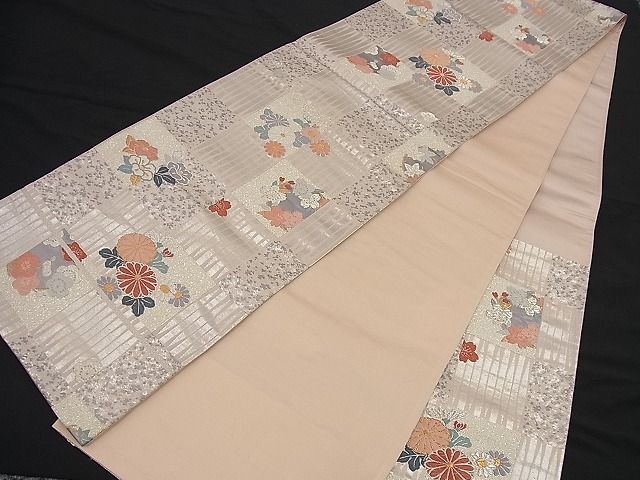 平和屋着物■六通柄袋帯 唐織 市松吉祥菊花文 金銀糸 逸品 n-nr0200