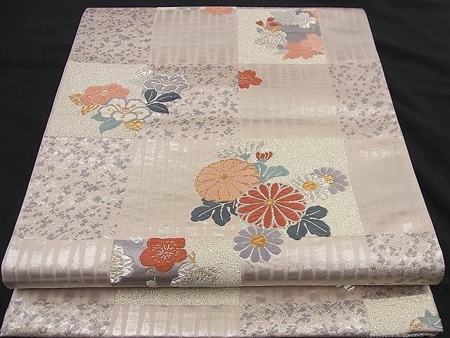 平和屋着物■六通柄袋帯 唐織 市松吉祥菊花文 金銀糸 逸品 n-nr0200
