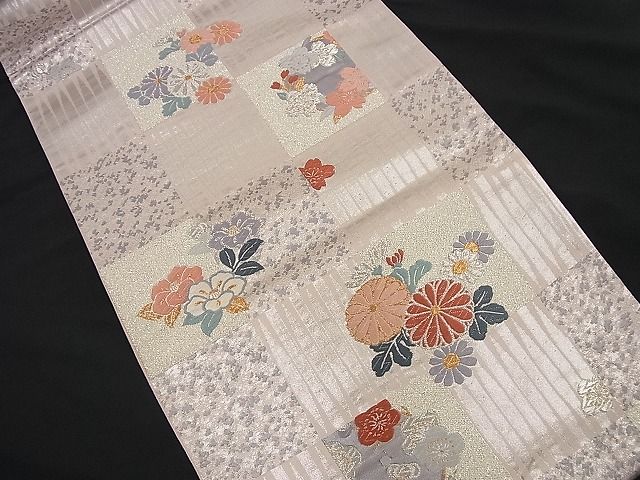 平和屋着物■六通柄袋帯 唐織 市松吉祥菊花文 金銀糸 逸品 n-nr0200