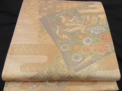 平和屋着物■宝珠本佐賀錦 六通柄袋帯 色紙重ね飛鶴吉祥風景花文 九百錦 金糸 逸品 n-nr0204