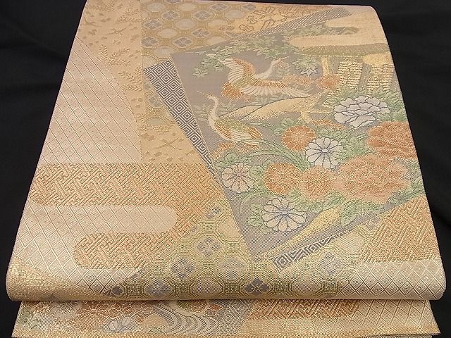 平和屋着物■宝珠本佐賀錦 六通柄袋帯 色紙重ね飛鶴吉祥風景花文 九百錦 金糸 逸品 n-nr0204