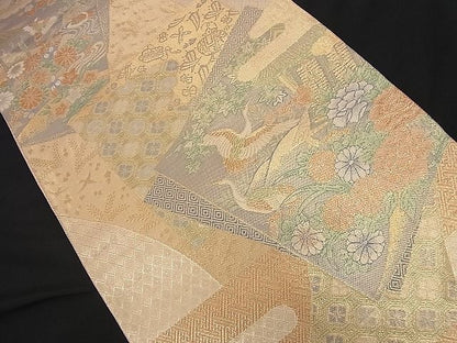 平和屋着物■宝珠本佐賀錦 六通柄袋帯 色紙重ね飛鶴吉祥風景花文 九百錦 金糸 逸品 n-nr0204