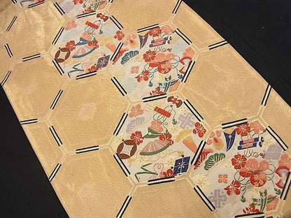 平和屋着物■六通柄袋帯 唐織 宝尽くし亀甲文 金糸 逸品 n-nr0272