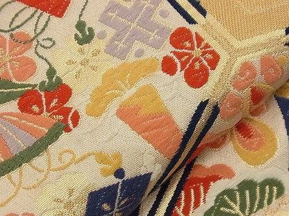 平和屋着物■六通柄袋帯 唐織 宝尽くし亀甲文 金糸 逸品 n-nr0272