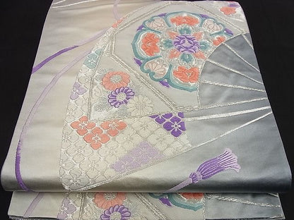 平和屋着物■六通柄袋帯 唐織 扇面鳳凰花文 銀糸 逸品 n-nr0302