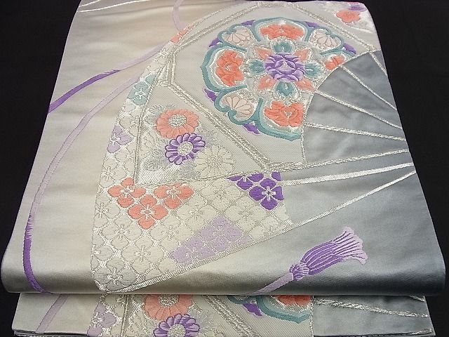 平和屋着物■六通柄袋帯 唐織 扇面鳳凰花文 銀糸 逸品 n-nr0302