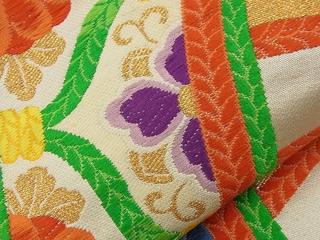 平和屋着物■六通柄袋帯 唐織 源氏車結び紐花文 金糸 逸品 n-nr0306