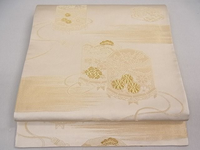 平和屋着物■両面全通柄袋帯　貝桶花文　金糸　逸品　ob2637