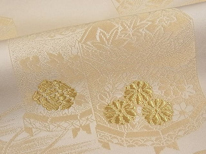 平和屋着物■両面全通柄袋帯　貝桶花文　金糸　逸品　ob2637