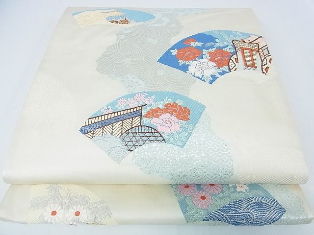 平和屋着物■六通柄袋帯 地紙吉祥御所車花文 銀糸 逸品 op5999