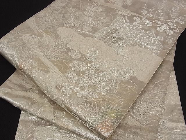 平和屋着物■六通柄袋帯 古京錦 御所車流水花文 二重引箔 銀糸 逸品 ox0128