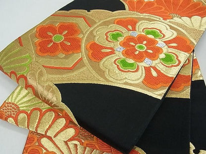 平和屋着物■六通柄袋帯 唐織 雪輪花文 黒地 金銀糸 逸品 ox2403
