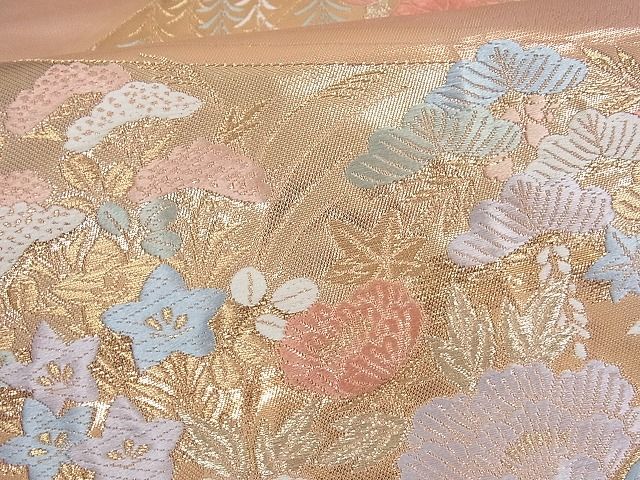 平和屋着物■六通柄袋帯 唐織 短冊御所車花鳥文 金糸 逸品 ox2432