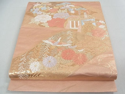 平和屋着物■六通柄袋帯 唐織 短冊御所車花鳥文 金糸 逸品 ox2432