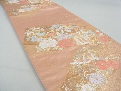 平和屋着物■六通柄袋帯 唐織 短冊御所車花鳥文 金糸 逸品 ox2432