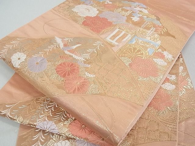 平和屋着物■六通柄袋帯 唐織 短冊御所車花鳥文 金糸 逸品 ox2432