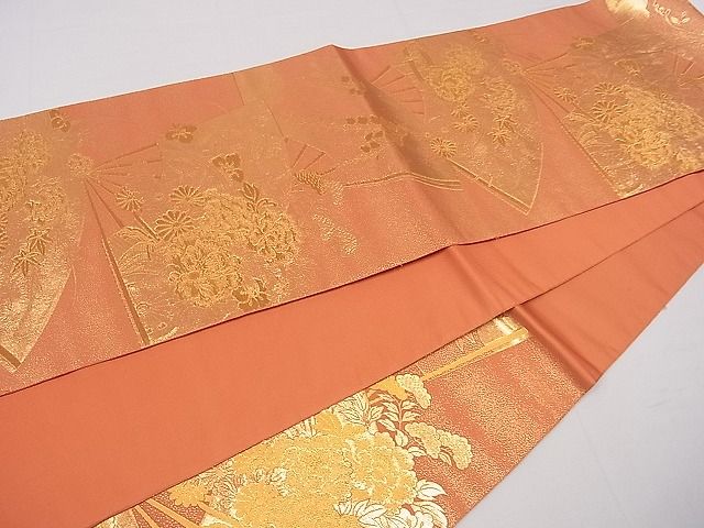 平和屋着物■六通柄袋帯　扇面花車文　金糸　逸品　oy0988
