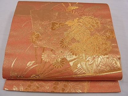 平和屋着物■六通柄袋帯　扇面花車文　金糸　逸品　oy0988