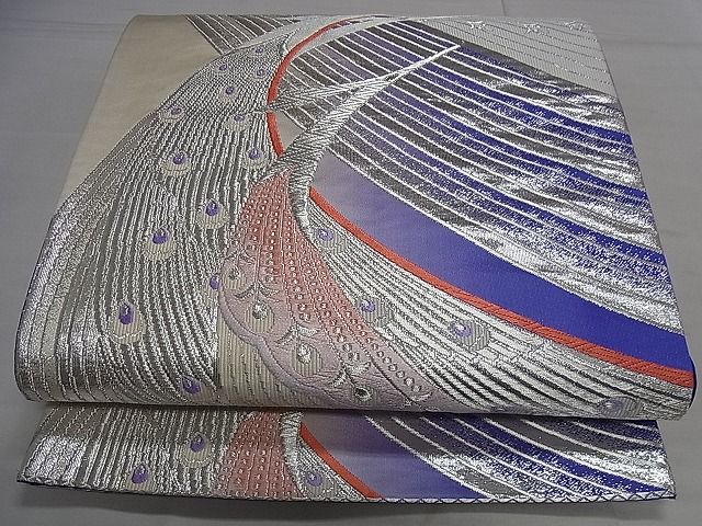 平和屋着物■六通柄袋帯 唐織 孔雀文 銀糸 逸品 oy1008