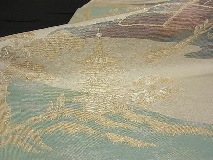 平和屋着物■六通柄袋帯 風景文 金糸 正絹 逸品 A-pf4075