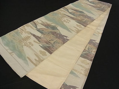 平和屋着物■六通柄袋帯 風景文 金糸 正絹 逸品 A-pf4075