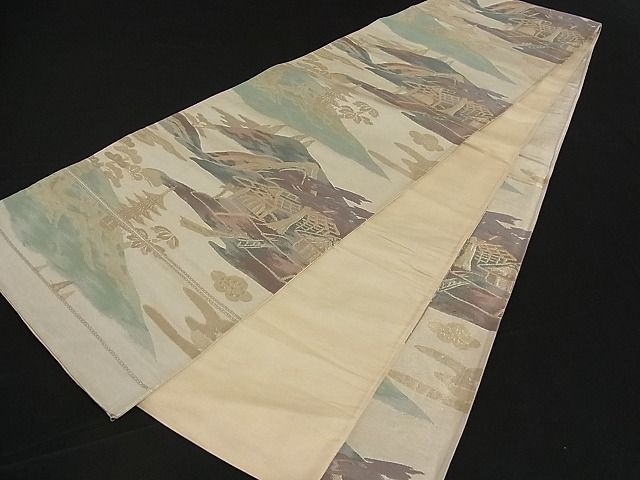 平和屋着物■六通柄袋帯 風景文 金糸 正絹 逸品 A-pf4075