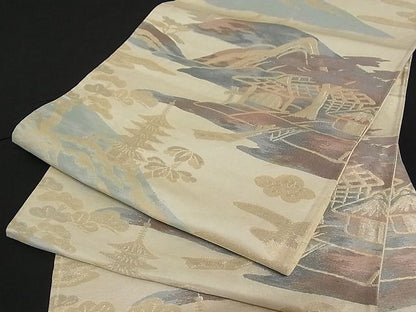 平和屋着物■六通柄袋帯 風景文 金糸 正絹 逸品 A-pf4075