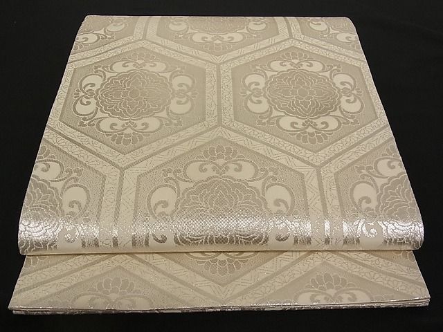 平和屋着物■六通柄袋帯 亀甲花文 銀糸 正絹 逸品 A-pf4516