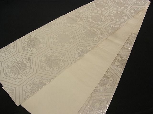 平和屋着物■六通柄袋帯 亀甲花文 銀糸 正絹 逸品 A-pf4516