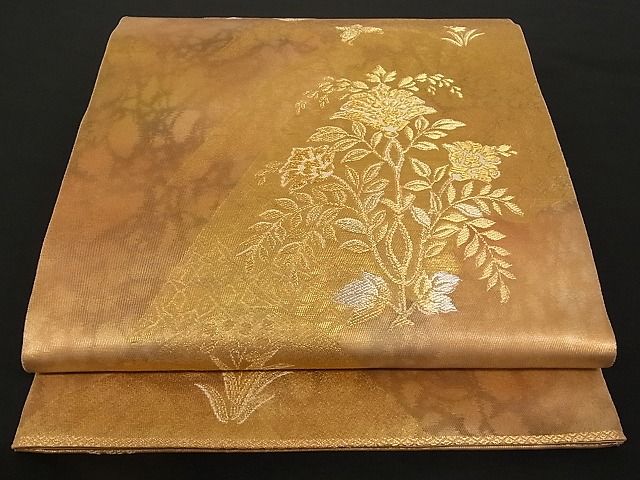 平和屋着物■六通柄袋帯 風景花文 金銀糸 正絹 逸品 A-pf4529