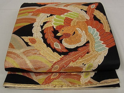 平和屋着物■六通柄袋帯 鳳凰花文 黒地 金糸 正絹 逸品 A-pf4569