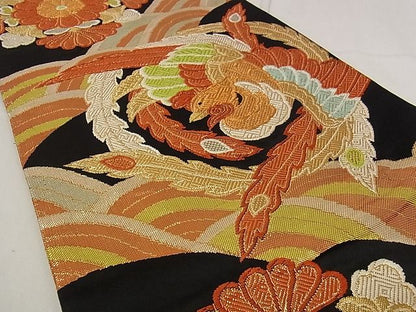 平和屋着物■六通柄袋帯 鳳凰花文 黒地 金糸 正絹 逸品 A-pf4569