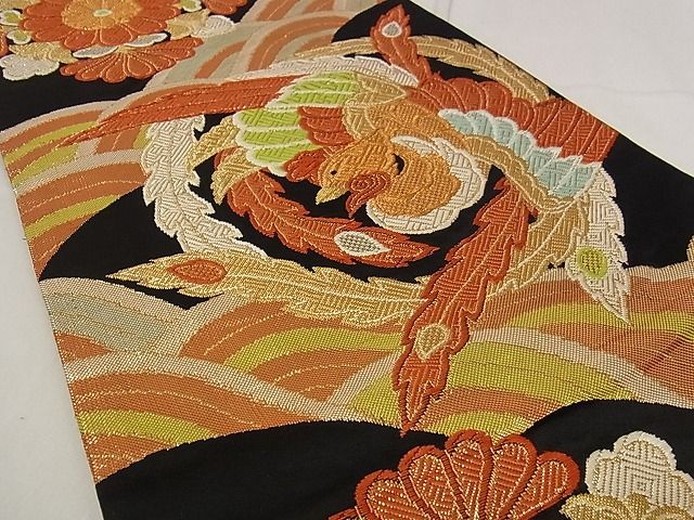 平和屋着物■六通柄袋帯 鳳凰花文 黒地 金糸 正絹 逸品 A-pf4569