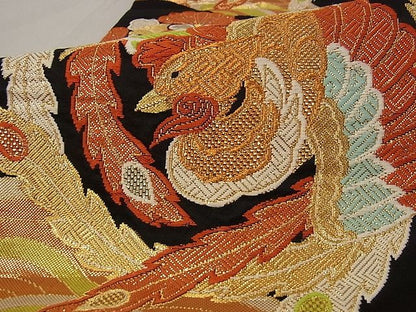 平和屋着物■六通柄袋帯 鳳凰花文 黒地 金糸 正絹 逸品 A-pf4569