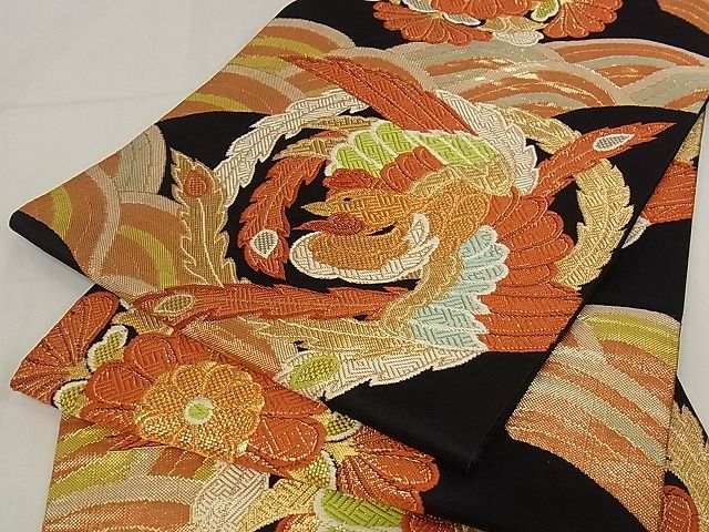 平和屋着物■六通柄袋帯 鳳凰花文 黒地 金糸 正絹 逸品 A-pf4569