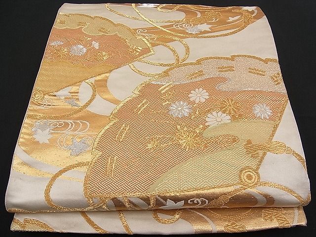 平和屋着物■六通柄袋帯 唐織 檜扇吉祥花文 金銀糸 逸品 n-pk0856