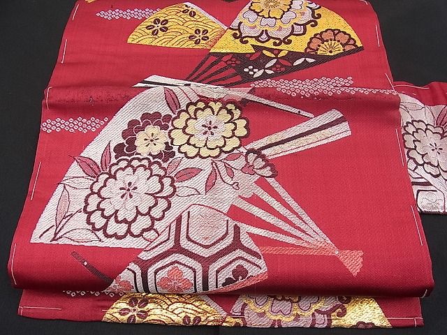 平和屋着物■九寸名古屋帯　唐織　扇面花文　金糸　n-pk1078
