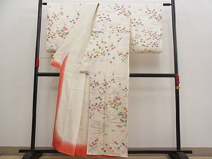 平和屋着物■付下げ　手描き　流水風景花文　逸品　n-pk1197