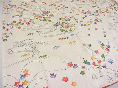 平和屋着物■付下げ　手描き　流水風景花文　逸品　n-pk1197