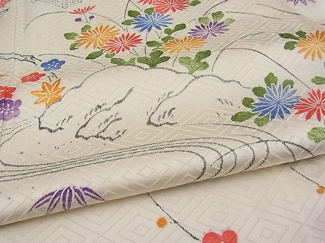 平和屋着物■付下げ　手描き　流水風景花文　逸品　n-pk1197